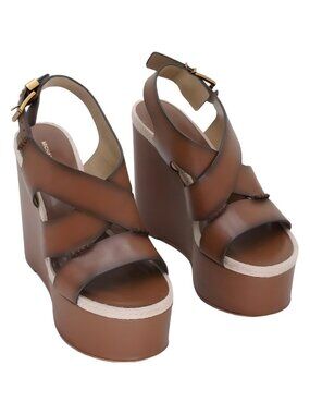 Michael Kors Raven Platform Wedge Sandals Luggage Leather 4" Heel Sz 6.5M